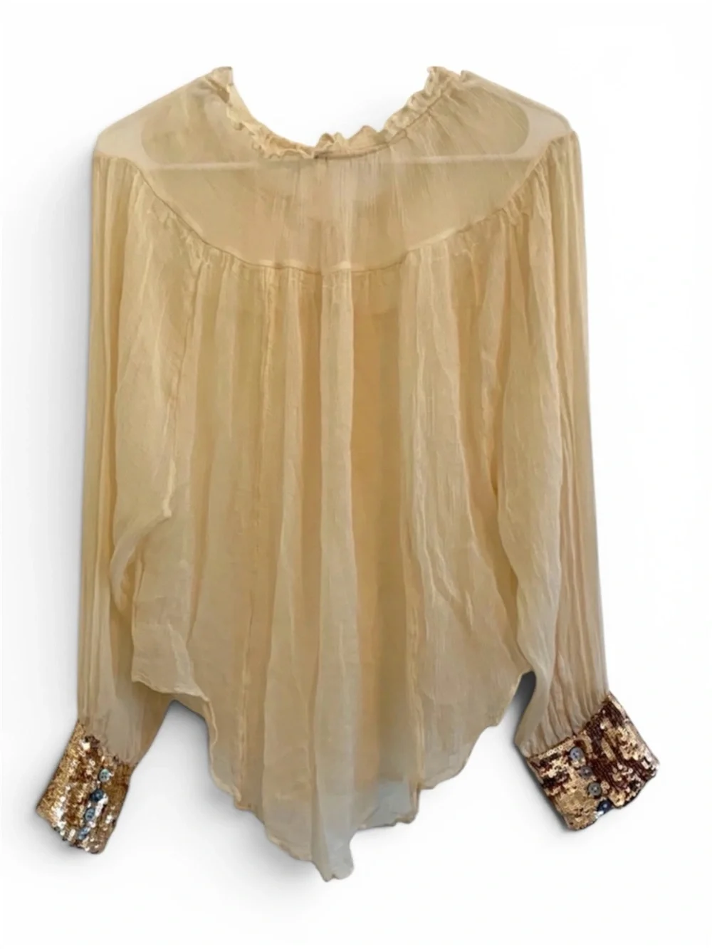 FREE PEOPLE SHIRT BLOUSE SEQUIN CUFF CREAM LONG SLEEVE WHIMSICAL FAIRY FLUTTER